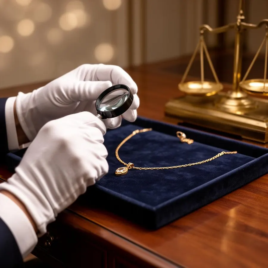 Expert taxeert gouden ketting met loep en weegschaal in Amsterdam centrum
