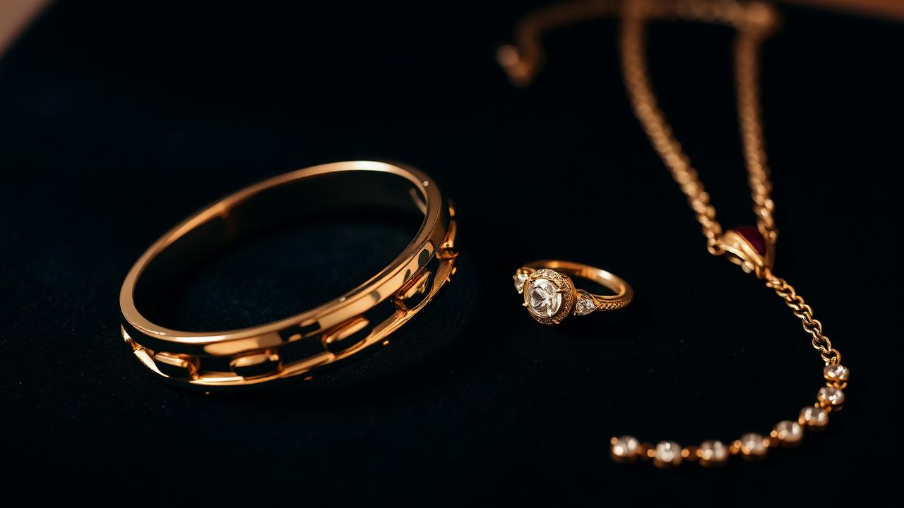 Designer merksieraden op donker fluweel — armband, ring en ketting