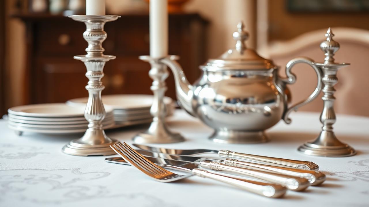 Zilveren bestek, kandelaars en theepot op elegant tafelkleed